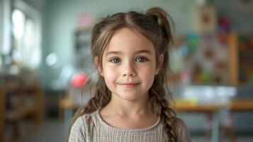 Portrait of smiling little girl with long hair looking at camera in kindergarten photo