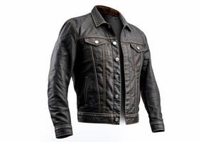 A black leather jacket with a brown collar photo