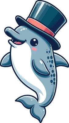 A cartoon dolphin wearing a top hat
