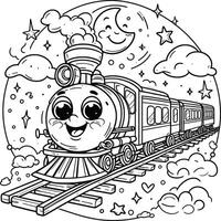 A train coloring page with a smiling face vector
