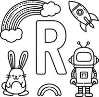 Letter r coloring page with a rainbow and space vector