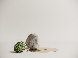 Podium, showcase made of stone and cement with green hydrangea flowers - 3d render. Minimal, aesthetic, light natural background. Brutalist style stand for advertising and presentations of products. photo