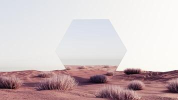 3D rendering of an abstract desert landscape with mirrored geometric objects. photo