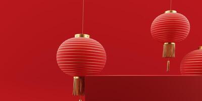 3d render of a festive Chinese New Year celebration, with a luxurious red and gold podium display with lanterns, paper fans. Background for advertising, promotional poster or flyer. photo