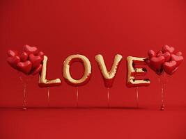 Premium podium, stand on bright background. Holiday greeting card for Valentine's Day - 3d, render with copy space on February 14, March 8. Studio with red hearts air balloons, symbol of love. photo