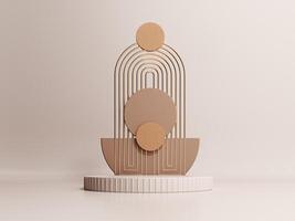 3d render of podium, showcase, display in boho style. Advertising stand with abstract shapes and palm leaves. Pastel minimal background for the presentation of cosmetics, products. photo