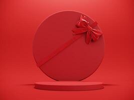 Premium podium, stand on bright background. Holiday greeting card for Valentine's Day - 3d, render with copy space on February 14, March 8. Studio with red hearts air balloons, symbol of love. photo