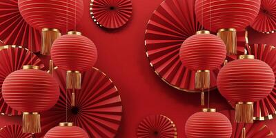 3D render of a modern, geometric background for Chinese New Year celebration with oriental elements, lanterns, paper fans. Suitable for festive advertisements or special offer promotions. photo