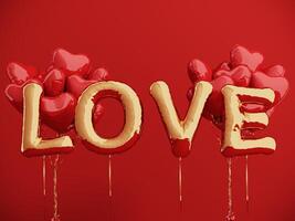 Premium podium, stand on bright background. Holiday greeting card for Valentine's Day - 3d, render with copy space on February 14, March 8. Studio with red hearts air balloons, symbol of love. photo
