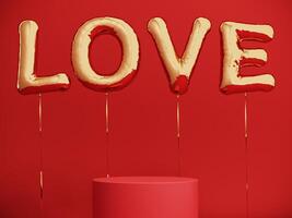 Premium podium, stand on bright background. Holiday greeting card for Valentine's Day - 3d, render with copy space on February 14, March 8. Studio with red hearts air balloons, symbol of love. photo