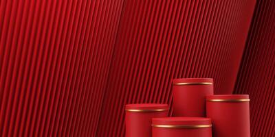 3d render of a festive Chinese New Year celebration, with a luxurious red and gold podium display with lanterns, paper fans. Background for advertising, promotional poster or flyer. photo