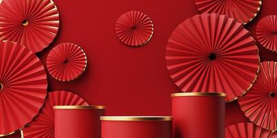 3d render of a festive Chinese New Year celebration, with a luxurious red and gold podium display with lanterns, paper fans. Background for advertising, promotional poster or flyer. photo