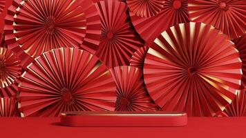 3d render of a festive Chinese New Year celebration, with a luxurious red and gold podium display with lanterns, paper fans. Background for advertising, promotional poster or flyer. photo