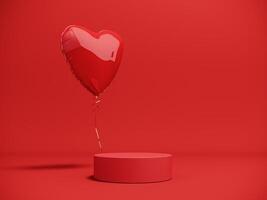 Premium podium, stand on bright background. Holiday greeting card for Valentine's Day - 3d, render with copy space on February 14, March 8. Studio with red hearts air balloons, symbol of love. photo