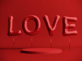 Premium podium, stand on bright background. Holiday greeting card for Valentine's Day - 3d, render with copy space on February 14, March 8. Studio with red hearts air balloons, symbol of love. photo