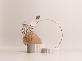 3d render of podium, showcase, display in boho style. Advertising stand with abstract shapes and palm leaves. Pastel minimal background for the presentation of cosmetics, products. photo