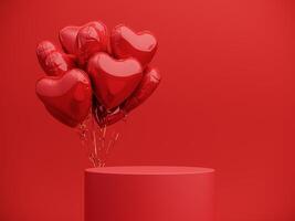 Premium podium, stand on bright background. Holiday greeting card for Valentine's Day - 3d, render with copy space on February 14, March 8. Studio with red hearts air balloons, symbol of love. photo