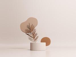 3d render of podium, showcase, display in boho style. Advertising stand with abstract shapes and palm leaves. Pastel minimal background for the presentation of cosmetics, products. photo