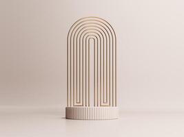 3d render of podium, showcase, display in boho style. Advertising stand with abstract shapes and palm leaves. Pastel minimal background for the presentation of cosmetics, products. photo