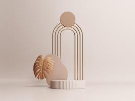 3d render of podium, showcase, display in boho style. Advertising stand with abstract shapes and palm leaves. Pastel minimal background for the presentation of cosmetics, products. photo