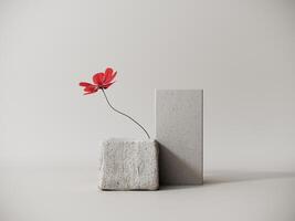 Premium podium, concrete stand on pastel, light background with natural plant, leaves, poppy flowers. Mock up for exhibitions, presentation of products - 3D, render. Minimalistic showcase, display. photo