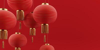 3D render of a modern, geometric background for Chinese New Year celebration with oriental elements, lanterns, paper fans. Suitable for festive advertisements or special offer promotions. photo
