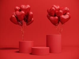 Premium podium, stand on bright background. Holiday greeting card for Valentine's Day - 3d, render with copy space on February 14, March 8. Studio with red hearts air balloons, symbol of love. photo