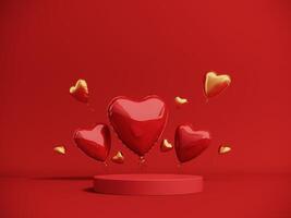 Premium podium, stand on bright background. Holiday greeting card for Valentine's Day - 3d, render with copy space on February 14, March 8. Studio with red hearts air balloons, symbol of love. photo