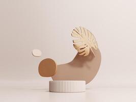 3d render of podium, showcase, display in boho style. Advertising stand with abstract shapes and palm leaves. Pastel minimal background for the presentation of cosmetics, products. photo