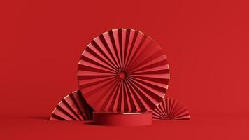 3d render of a festive Chinese New Year celebration, with a luxurious red and gold podium display with lanterns, paper fans. Background for advertising, promotional poster or flyer. photo