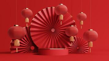 3d render of a festive Chinese New Year celebration, with a luxurious red and gold podium display with lanterns, paper fans. Background for advertising, promotional poster or flyer. photo