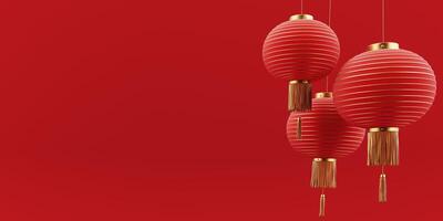 3D render of a modern, geometric background for Chinese New Year celebration with oriental elements, lanterns, paper fans. Suitable for festive advertisements or special offer promotions. photo
