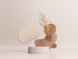 3d render of podium, showcase, display in boho style. Advertising stand with abstract shapes and palm leaves. Pastel minimal background for the presentation of cosmetics, products. photo
