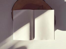 an open book on a wooden table with the sun shining on it photo