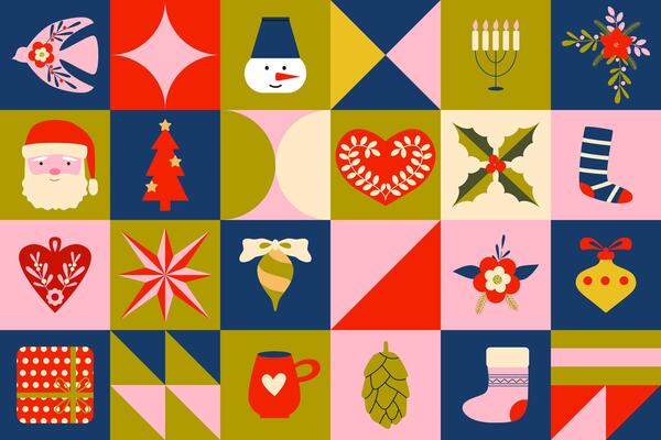 Contemporary Christmas seamless background. Geometric shapes ornament. Festive Christmas and New year icons. Retro vintage pattern, banner, cover, backdrop, wrapping paper. .