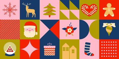 Festive Christmas seamless background. Geometric shapes and figures. Modern Christmas and New year icons. Holidays season. Retro pattern, banner, backdrop, wrapping paper. Mosaic. vector