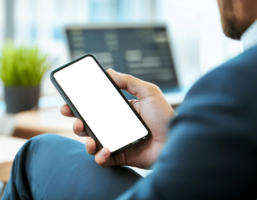 Man Holding Smartphone With Digital Wallet Interface in Modern Office Setting png