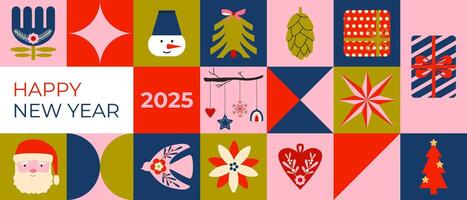 Geometric Christmas horizontal background with text. 2025 Greeting card. Festive Christmas and New year icons. Mosaic. Retro vintage pattern, banner, backdrop, wrapping paper. vector
