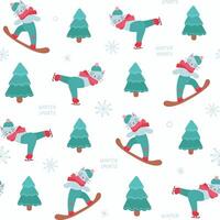 Seamless pattern with cute cat on snowboard and skates for fabric, wrapping paper and other backgrounds. vector