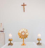 a white table with a cross on it white background photo