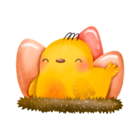 Chicken on a nest with hay and colored eggs. Easter chick hand drawn illustration on isolated background. Happy easter png