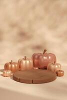 3d rendering of a table with pumpkins and a wooden plate photo