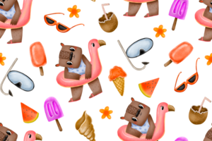 Seamless pattern with bear and sea flamingo float. Hand drawn cartoon summer background. Summertime design. Beach and summertime vacation holidays repeating background for fabric, textile, branding png