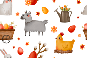 Easter animals seamless pattern. Farm cattle, goat, chicken, bantam, chicken and wooden cart with eggs. Easter spring hand drawn background png