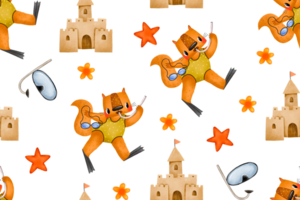 Seamless pattern squirrel diver and sandcastle. Under the sea. Hand drawn cartoon summer background. Beach and summertime vacation holidays repeating background for fabric, textile, branding png