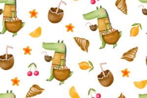 Seamless pattern crocodile on beach with cocktail. Summertime. Hand drawn cartoon summer background. Beach and summertime vacation holidays repeating background for fabric, textile, branding png