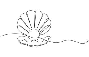 Continuous one line drawing of open oyster shell with pearl vector