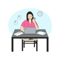 Working or studying concept. Young woman sits at the table with laptop and phone. She is working, typing, surfing the internet and using technology. vector