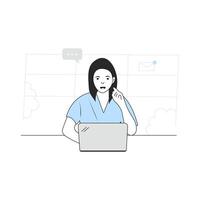 Working or studying concept. Woman sits at the table with laptop, calling. She is working, typing, surfing the internet and using technology. vector