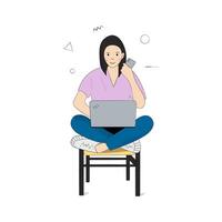Working or studying concept. A young woman sits with laptop and phone. She is working, typing, surfing the internet and using technology. vector